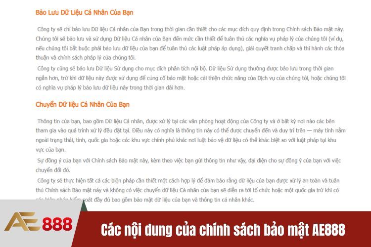 Các nội dung trọng điểm của chính sách bảo mật AE888